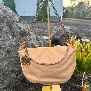 Sharif Beige Leather Shoulder Bag with Gold Chain & Logo Charm